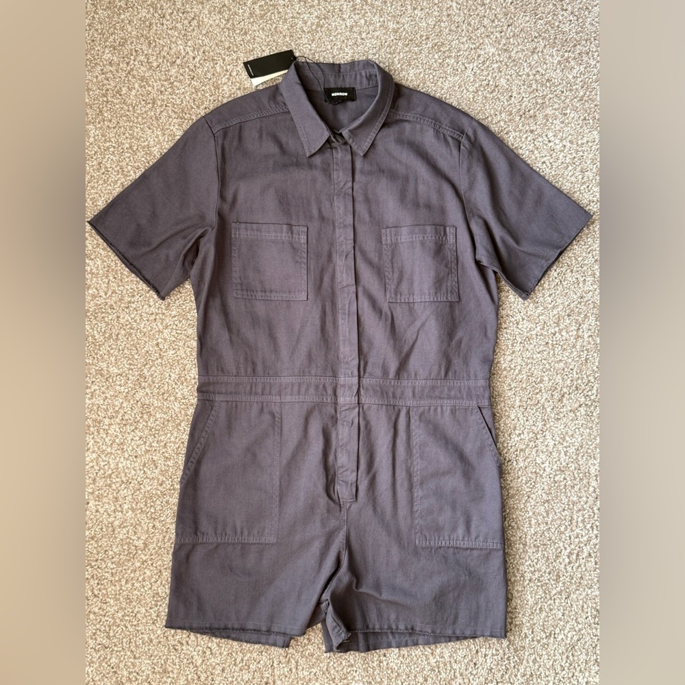 NEW MONROW Faded Black Soft Twill Utility Romper Raw Hem Size L